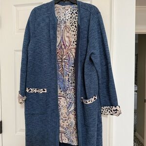 Chico's Blue Open Front Cardigan with Paisley Lining